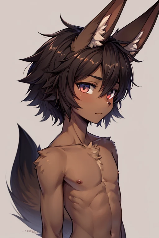 ( correct anatomy of a jackal hybrid human   :1) second jackal ,    jackal tail 1 ,  boy jackal 1 , skin on body 1,dark skin 1 ,  jackal ears 1 ,  nudity 1 , press 1 , very fluffy hair 1, solo portrait 1, naked 1,(  detailed eyes:1),