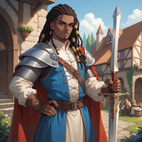 Dreadlock. Male character. Medieval. Confident. Charming. Using Big sword. Sexy pose.