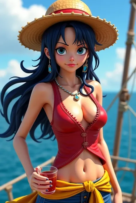 Personnage de Luffy dans One Piece version feminine, femme, cheveux long, pirate, chapeau de paille, sake, femme 3D, femme reel 