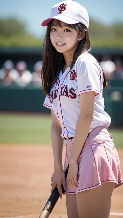 Baseball Girl、 baseball uniform、Hold the bat、 cute girl、Wear a pink cap、 pink uniform、Girl standing on pitcher mound、((cute pink uniform))