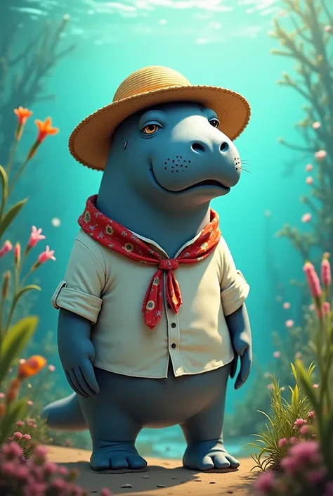 Manatee wearing straw hat ,  white shirt and a handkerchief around his neck, caring for the environment 