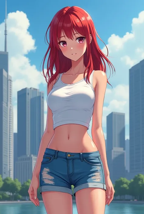 a beautiful, thin, Asian realistic anime style ,a young woman is standing confidently against a backdrop of a city skyline. She has red hair and is wearing a white crop top , paired with distressed denim shorts.
