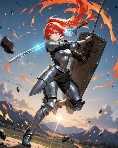 ( girl): Japanese manga style、 medieval fantasy style 、( perfect face)、( Detailed Outfit)、Redhead warrior girl、Mr.々Beautiful colored hair 、 Light blue eyes 、(heavy duty metal full body armor with dull color)、 Equipped with a sword and metal shield 、Accept ...