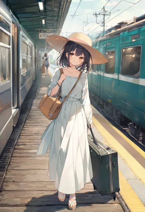  girl、Traveler、Wide-brimmed hat、Summer clothes、 long skirt、 white skirt 、smile、 carrying case for luggage、Railway、Suburban Trains 、日本のRailway、 Modern Station Home