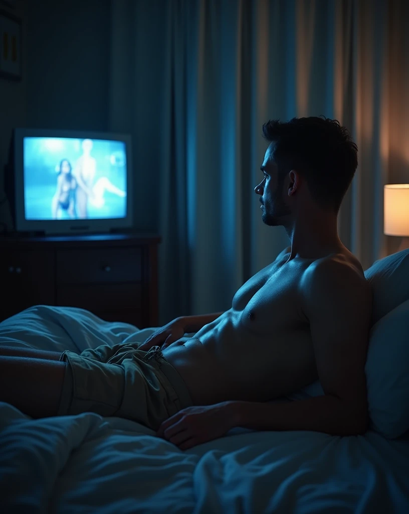 A half-naked man, Who is watching an adult movie in a hotel room.