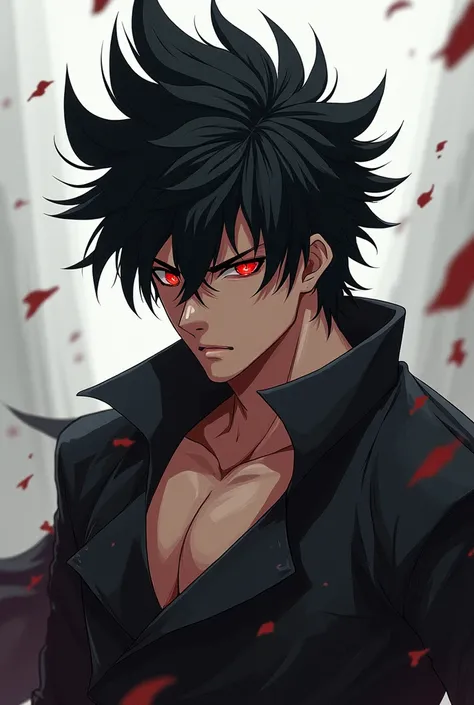 Anime guy, black and messy haired,built,red eyes.