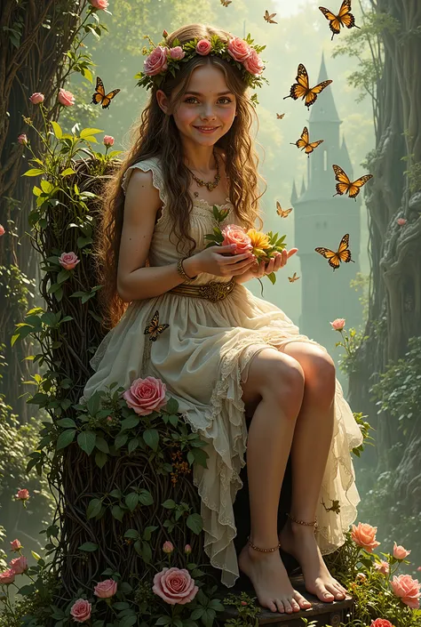 Perched atop a throne of intertwined vines and blossoming roses, very young, 10 to  Princess Elowen, the Blooming , rules the city of Verdantspire with the heart of an eternal spring. Barefoot and crowned with a wreath of wildflowers, she radiates a youthf...