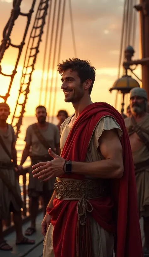 "A young Julius Caesar aboard a pirate ship, confidently standing with a smirk, commanding the pirates around him. He's dressed in a Roman tunic, while the pirates, wearing ragged clothes and confused expressions, look at him with uncertainty. The ship sai...