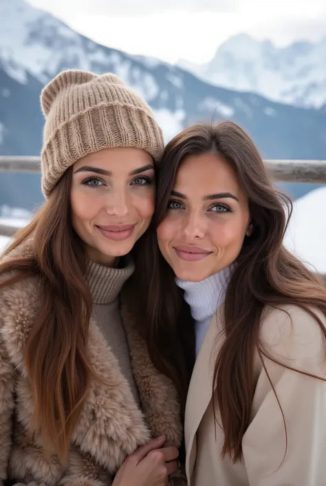 deux femmes, assises,  terrace , snow, mountain,  wears a fur coat, close-up, beige hat ,  white turtleneck ,  smiles at the camera , Italian model , Brunette,  very long hair , HD, 4K, iPhone 16, brunch entre copines