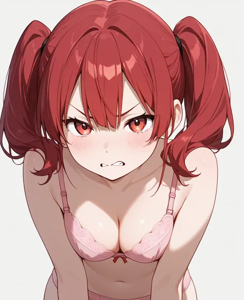  twin tails、 cleavage、 forward bending、A little angry face、 pink bra