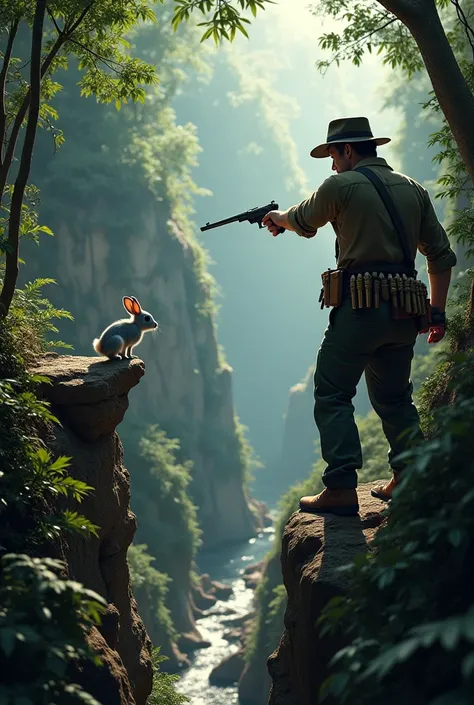 A tense and dramatic jungle scene where the hunter, dressed in dark green trousers, a vest, and a wide-brimmed hat with bullet case belts across his waist and shoulder, points a pistol directly behind a small blue-and-white rabbit. The rabbit, wide-eyed an...