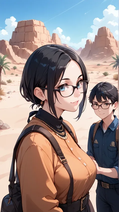 Black hair, glasses, desert people