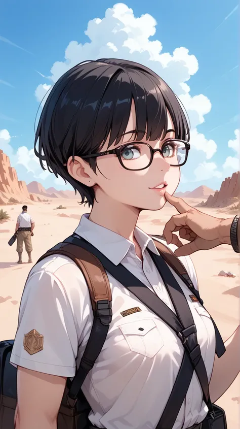 Black hair, glasses, desert people