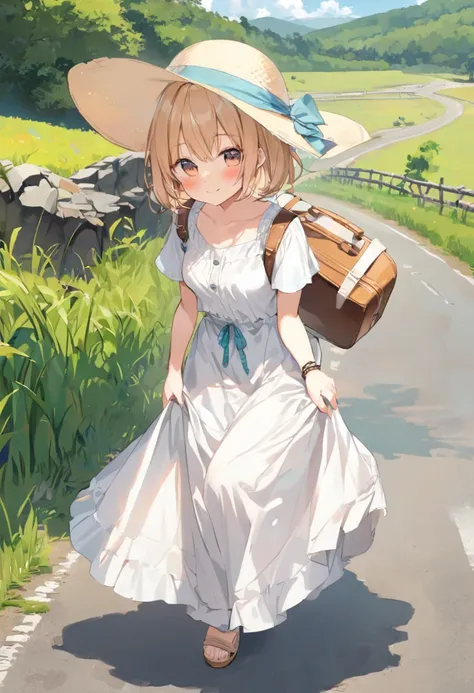  girl、Traveler、Wide-brimmed hat、Summer clothes、 long skirt、 white skirt 、skirt lift、white panties,smile、blush, carrying case for luggage、 country road