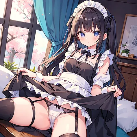  girl、 maid clothes、skirt lift, panties、 black garter belt、spread legs