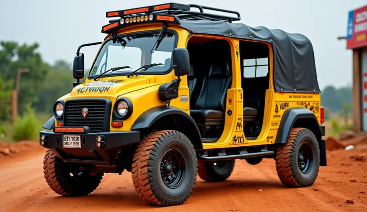 "A highly modified auto-rickshaw with a vibrant yellow and black color scheme, featuring custom doors, decorative LED lights, additional side mirrors, roof racks, and stylish alloy wheels. The vehicle has intricate decals, a rugged off-road aesthetic, and ...