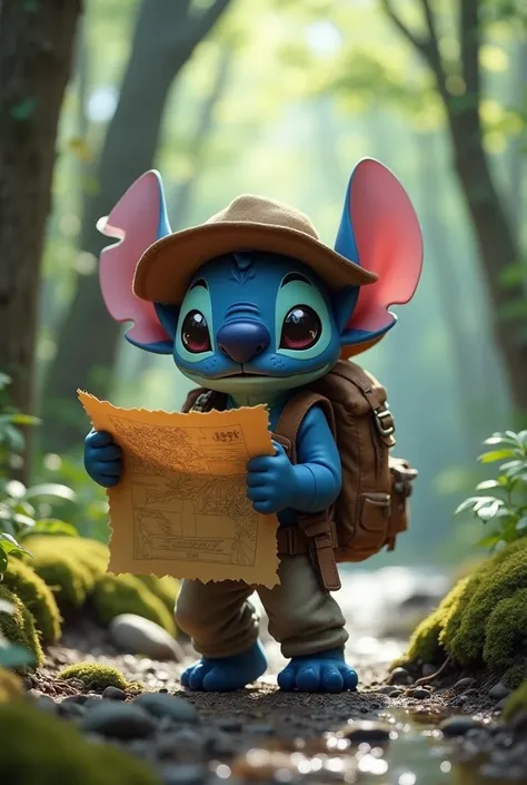 Stitch is dressed as a small adventurer ,  wearing an explorer's hat and a backpack full of equipment .  He holds a treasure map while hiking through an enchanted forest ,  with tall trees and a crystal clear stream in the background .  His curious and exc...