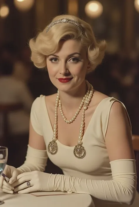 vintage 1930s photograph of a voluptuous Russian woman with short blonde flat 1920s style hair. brown eyes. long lashes. eyeliner. bright red oberdrawn lips. wearing vintage ivory color cocktail dress. string of pearls. silver headband. Sitting at table of...