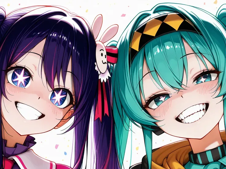 Group of Hatsune miku and hoshino Ai 4 friends,smile,teeth selfiesmiley, happiness,crazy Crazysmileteeth happy
