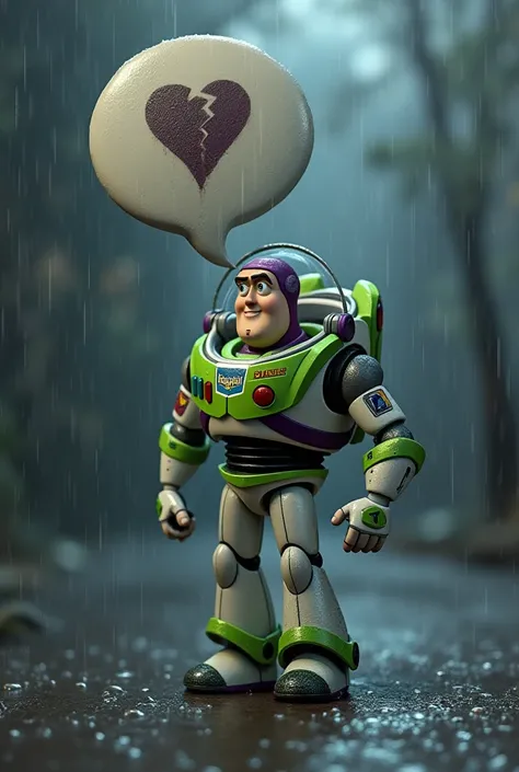 Buzz Lightyear with a little speech bubble with a broken heart inside the speech bubble , Buzz in the rain