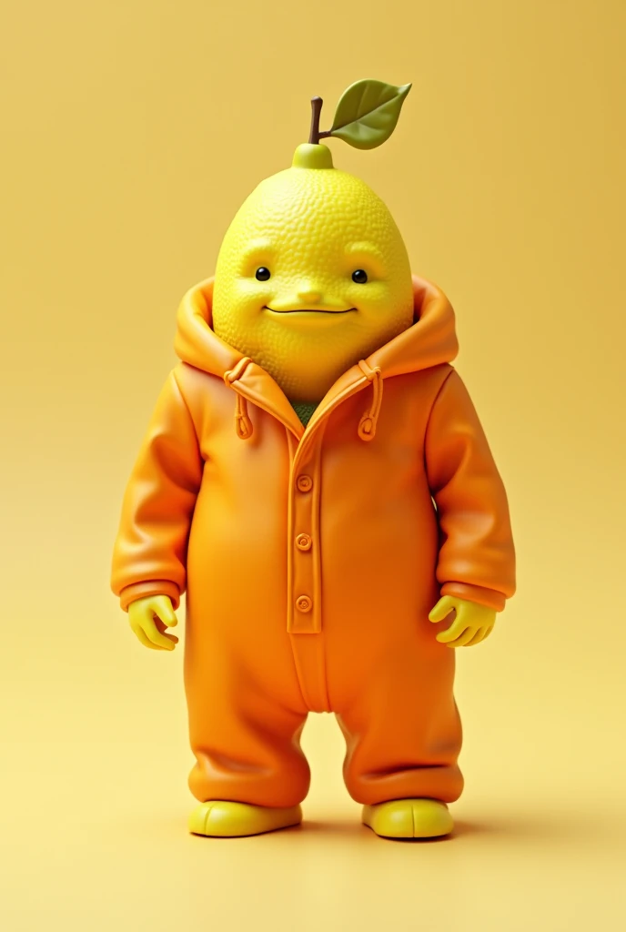 A lemon fruit dressed in an orange jumpsuit