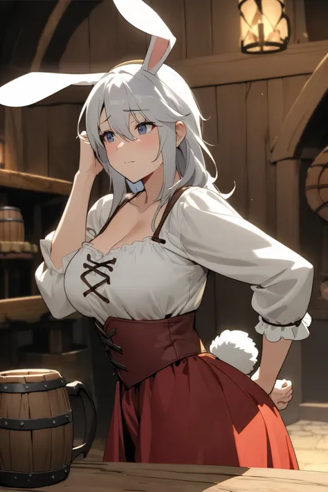  medieval times , 1 mature woman, Rabbit ears stick out above the head, Silver hair covering the ears, neat white blouse, red long skirt, A position where the upper body is turned backwards but the upper body is looking forward , Medieval tavern interior w...