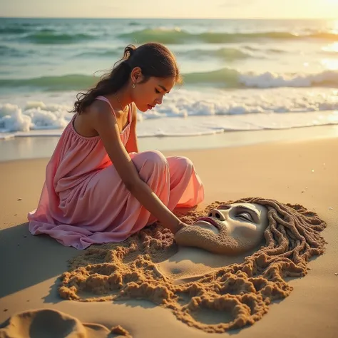 A girl is sitting on the beach wearing a long pink dress. The girl draws a large figure of the face of Christ in sand. The picture is realistic and in high resolution quality and the colors are true 