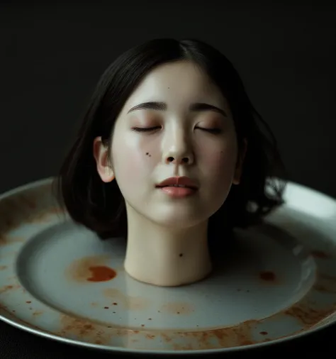   place the head of a decapitated woman , Asia,  Less blood stains   , ((  Close Your Eyes )),   like a dish on a plate  , Bloody,  actual , 4K, Nikon, fear