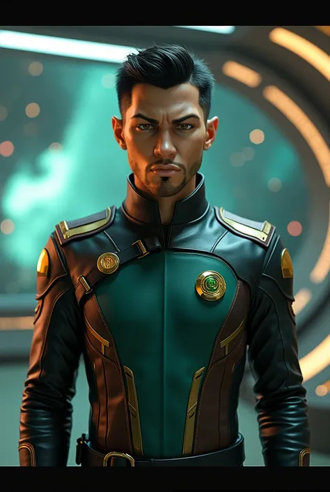 a Male spaceship 1st officer, alien with short black crewcut hair, detailed face, gold eyes, detailed nose and lips, wearing a teal, gold, black and brown leather uniform (green and gold star 'N.G.E' insignia on chest)), standing on a star trek inspired br...