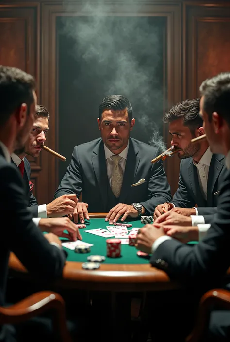 Cr7 in a poker room playing with Messi,Neymar,Suarez,Benzema,Bale ,Marcelo and Ramos each holding a cigar