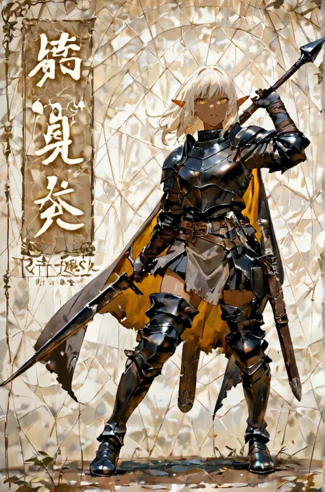  Japanese manga style 、  Japanese anime style、  medieval fantasy style  。白髪と Brown skinを持つ美しいダークエルフの女性。  glossy、 A waxed  、黒い革の防具をwhole bodyに着用。 beautiful details、Reminiscent of insects 、Stunning Sculpture  、 golden eyes seen from below n 、 Brown skin、Blac...