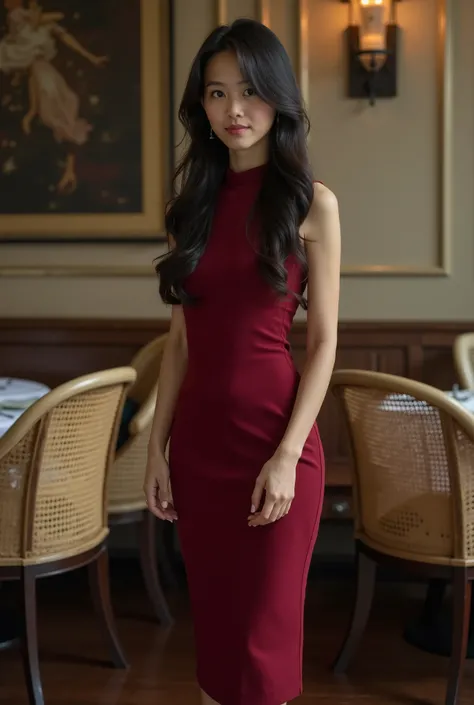 A young 25 year old Asian woman, positioned slightly to the right of center in the image, is wearing a deep crimson, form-fitting, sleeveless midi-dress.  She has long, dark hair cascading down her back.  Her expression is calm and thoughtful, with a sligh...