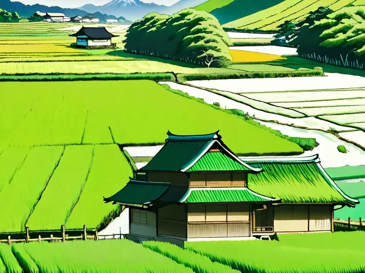 Japanese countryside and 　Old Japanese House　Private houses are visible in the distance　1 private house　 no people 　Green rice paddies spread out　Not a photo, but a comic style