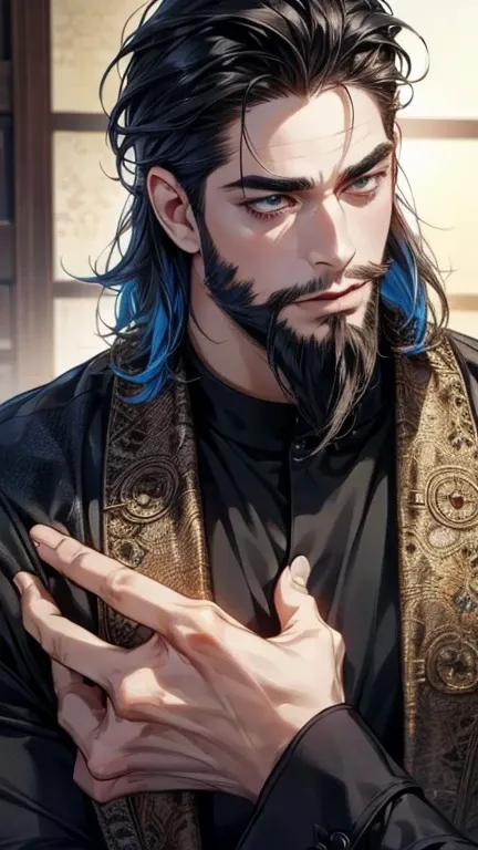 ( thong,4K,8k, highres, masterpiece:1.2), ultra-detailed,(realistic,photorealistic,photo-realistic:1.37),36-year-old man,3 day beard,Cute anime ,Portraits,strong,Masculine, dark hair,sharp jaw,  mesmerizing eyes  , perfectly combed hair, cool anime outfit,...