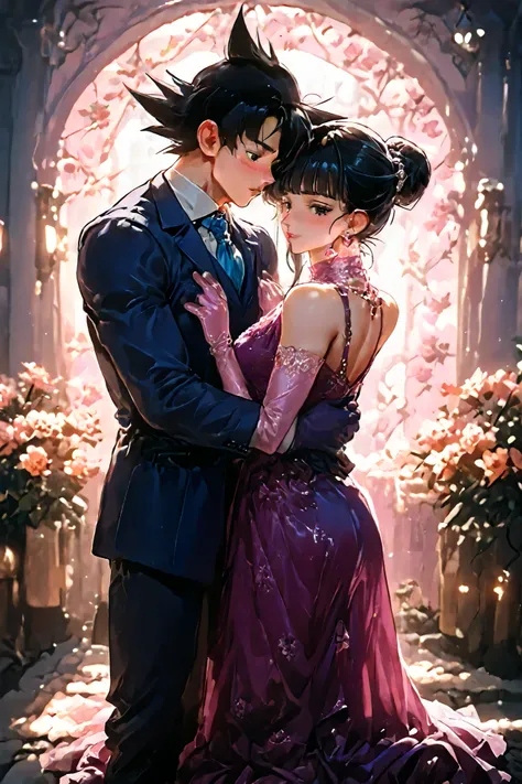 1boy,son goku,black hair,black eyes,hair strand,spiked hair, muscular male,suit,blue tie,1girl,chichi,black hair,single hair bun, hair bun, blunt bangs, black eyes, red lipstick,purple dress,purple gloves,elbow gloves,formal clothes,forehead kisses, full b...