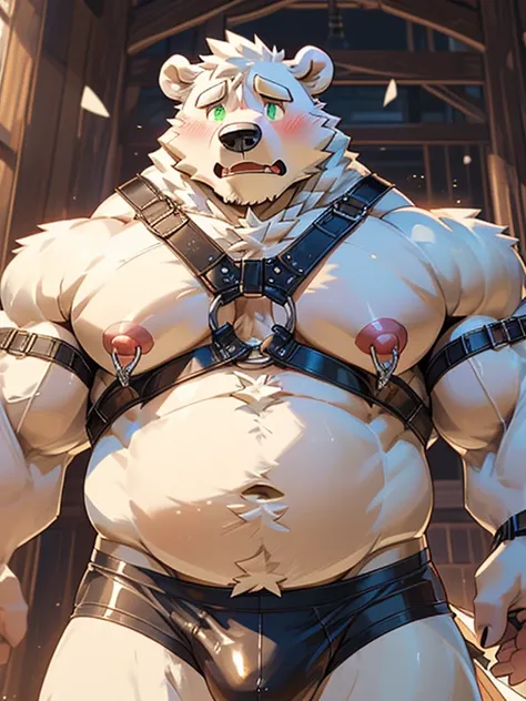 (polar bear， Fat，Round Face，  Chubby  ，Milky white fluff  ，  white eyebrows  ，  delicate facial expression ，Endocrine  ，  dark green eyes ，  Clear Eyes  ，  mature，Strong， Full body portrait)，( Full ,full and exaggerated chest muscles,  exaggerated breasts ...