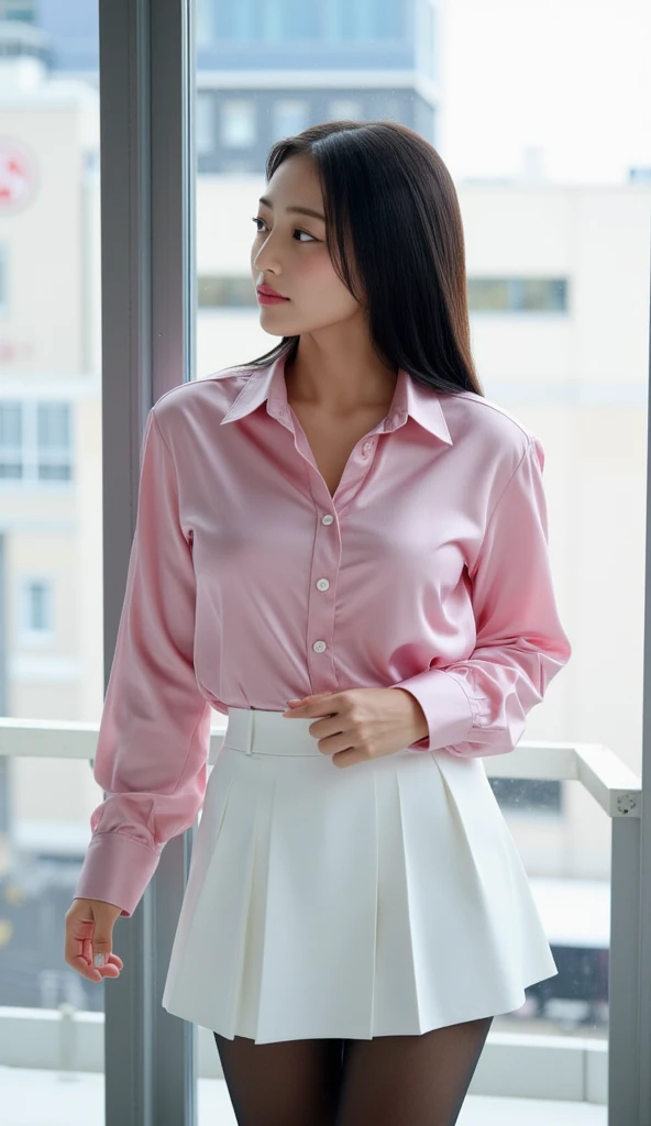  an office lady,  standing by the window,   using a long sleeve shirt of pink satin material,   using a short skirt of a white color pleated model with black color stockings, using an instant veil closes the hair and neck 