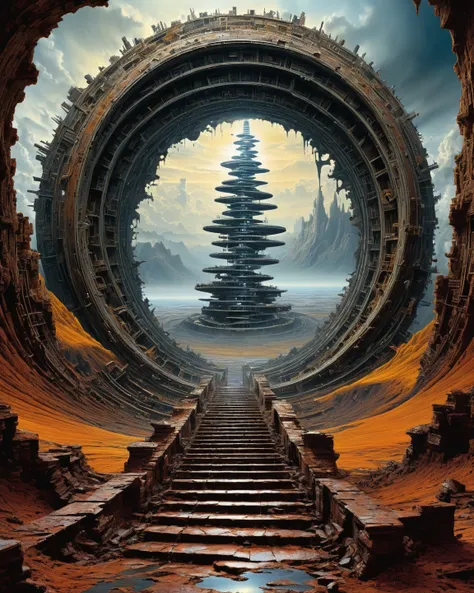 Surrealism George Grie, stunning painting by the famous surrealist artist George Grie, with double exposure effect, eternity space alien landscape stone staircase eye of the beast rusty remains of an unknown robot, optical illusion, double meanings, in ful...