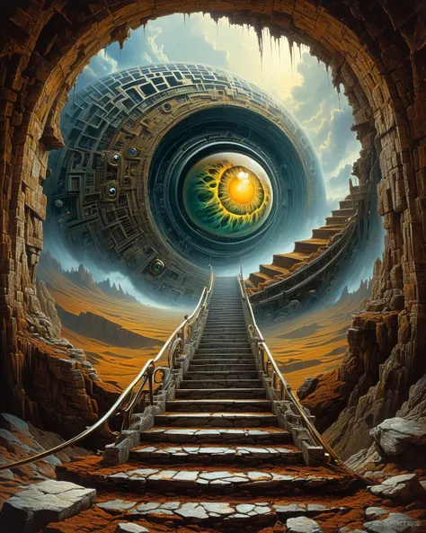 Surrealism George Grie, stunning painting by the famous surrealist artist George Grie, with double exposure effect, eternity space alien landscape stone staircase eye of the beast rusty remains of an unknown robot, optical illusion, double meanings, in ful...