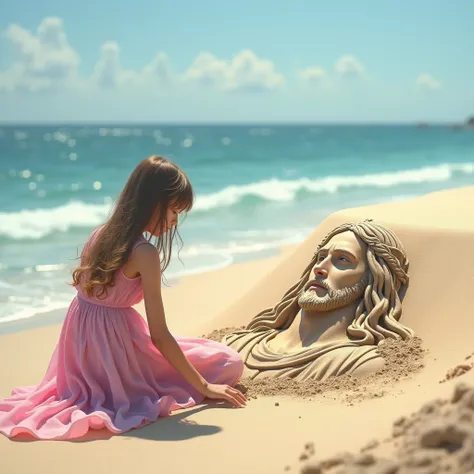 A girl is sitting on the beach wearing a long pink dress. The girl draws a large figure of Jesus Christ in sand. The picture is realistic and in high resolution quality and the colors are true 