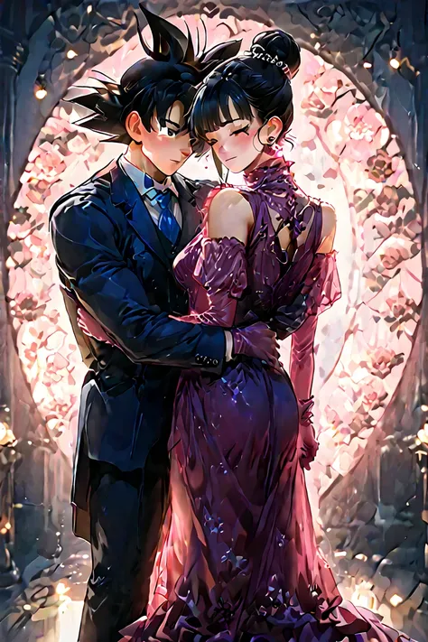 1boy,son goku,black hair,black eyes,hair strand,spiked hair, muscular male,suit,blue tie,1girl,chichi,black hair,single hair bun, hair bun, blunt bangs, black eyes, red lipstick,purple dress,purple gloves,elbow gloves,formal clothes,forehead kisses, full b...