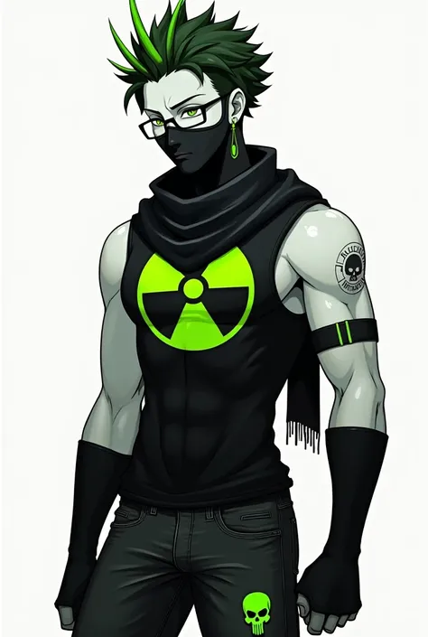  Male character with a slim but muscular build ,  white skin, completely black mask , black scarf,  thin green and black horns ,  with a fluorescent green radioactive symbol,  black jeans with a green skull ,  dark green hair,  uneven arm warmers color bla...