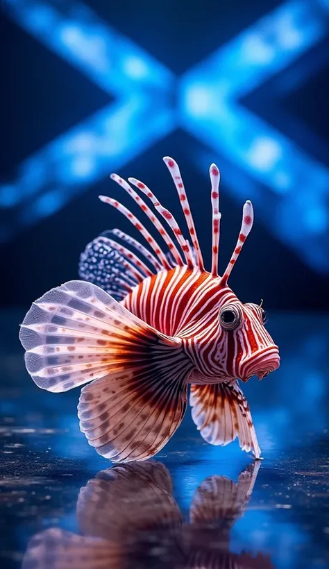 "A realistic image of a vibrant lionfish standing on the 'America's Got Talent' stage. The background features a deep blue hue with a large illuminated 'X' behind it, capturing the essence of the AGT stage. The full-body focus of the lionfish is emphasized...