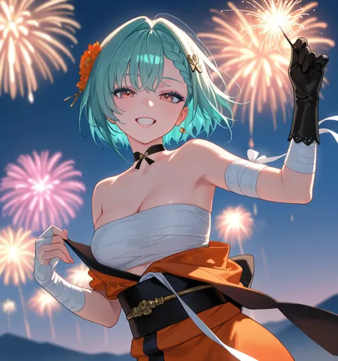 1girl, solo, (best quality), 8k, masterpiece, aqua hair, short hair, braided bangs hairstyle, calm, BREAK, orange_eyes, blue_eyeshadow, pink_lips, medium breasts, seductive_face, BREAK,1girl :d aerial_fireworks bandaged_arm bandages black_gloves black_sash...