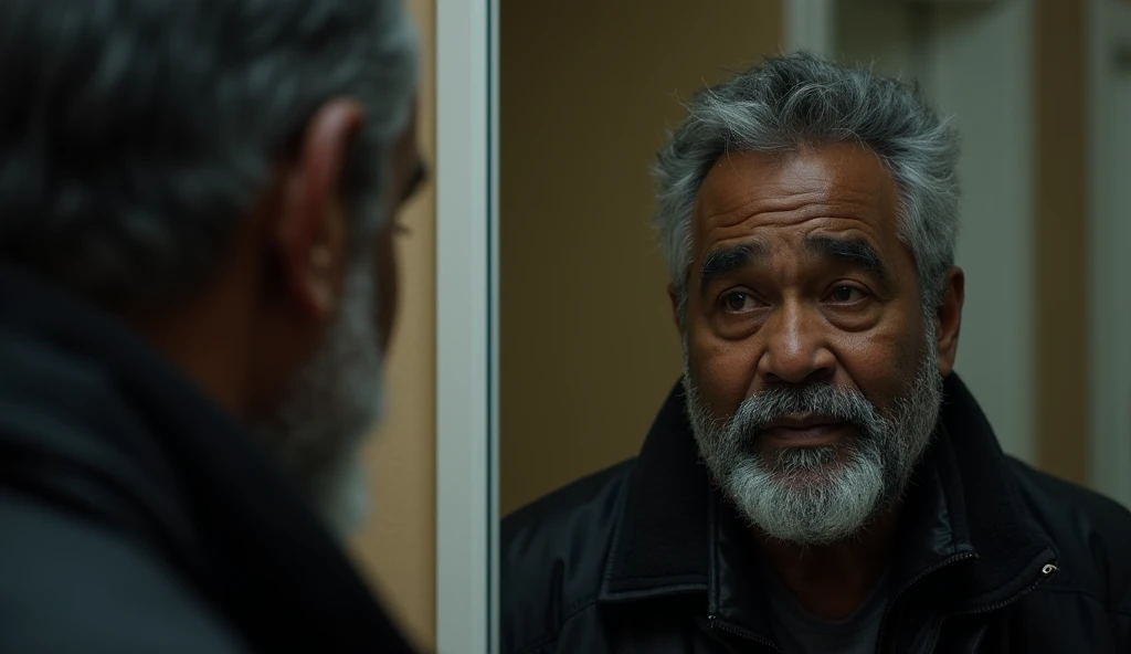 A 40-year-old man, dark skin, thick beard and gray hair, wearing a black jacket, arguing with someone in the mirror. In the reflection, he sees a younger, more wounded version of himself, representing past traumas. Realistic style, A.R: 16:9."