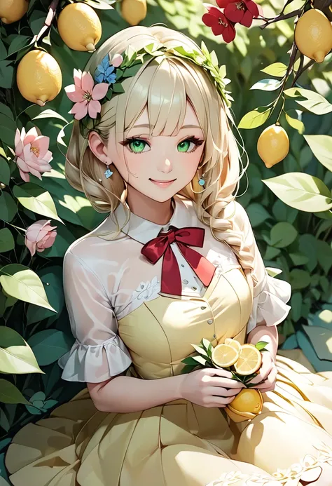 Light blonde。 Fresh green eyes like young leaves 。 Sweet and neat beauty like delicate confectionery work。 Pretty and ephemeral Spring Spirit 。Making a flower crown 。 An ephemeral smiling side face 。 lemon yellow dress。Light pink bolero 。 red enamel pumps ...