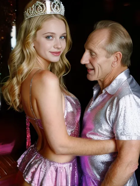 beautiful little 11 yers old Russian girl long blonde hair tiny short dress, dressing like a princess, having sex with an older man in a birthday party