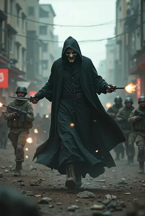  Military shootout with a man in a dark cloak and a creepy mask, armed with throwing knives