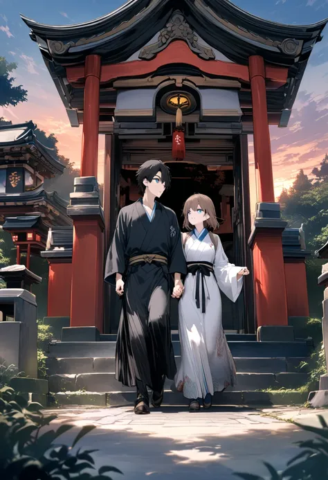 Shrine at dusk。 Boy with black hair and blue eyes 。Girl with brown hair and blue eyes 。 male and female twins hold each other's hands and take a step towards the unknown。 in front of the door that crosses the world。 alien world。A black carriage leads 。