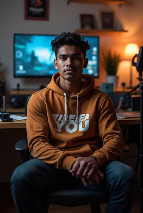 A indian confident mucle boy sitting in hi you YouTube studio wereing a hodie in hoodie 'ArE You is printed 